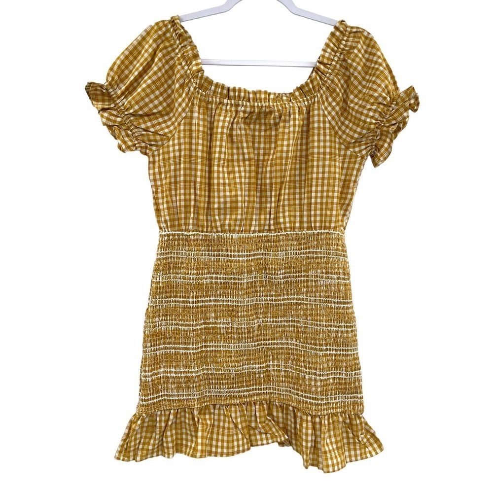 Aiden Women's Mini Dress Size Large Smocked Ruffle Micro Plaid Yellow